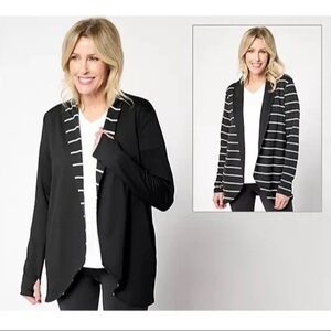 MUK LUKS. Light French Terry Reversible Cardigan-Black/Stripe. Size XL.
